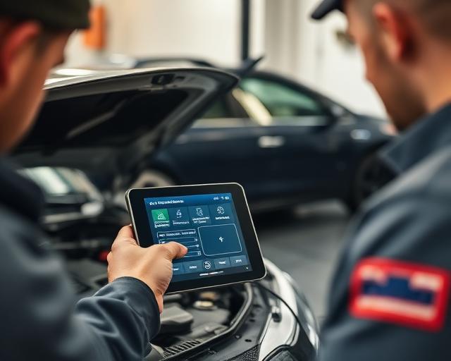 Mechanic using a diagnostic scanner on a vehicle