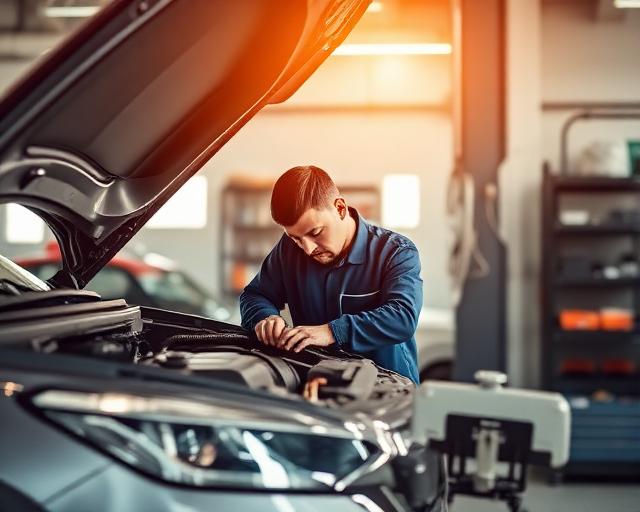 Mechanic performing routine maintenance under the hood of a car