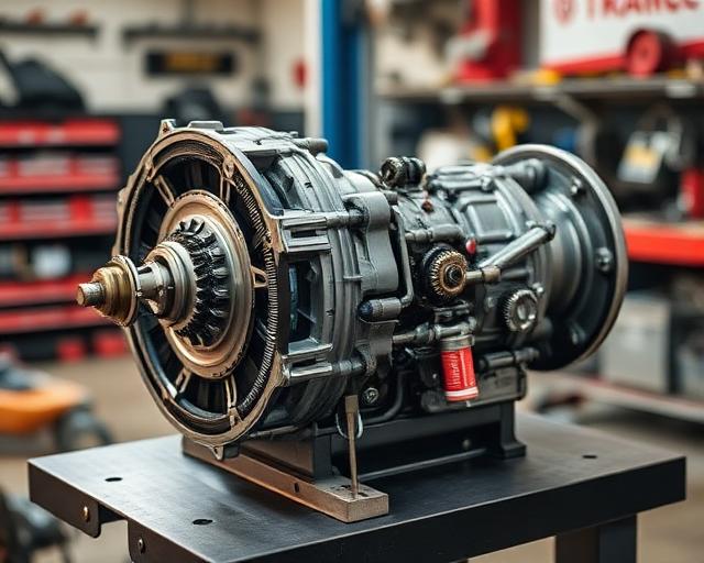 Disassembled transmission being rebuilt on a workbench